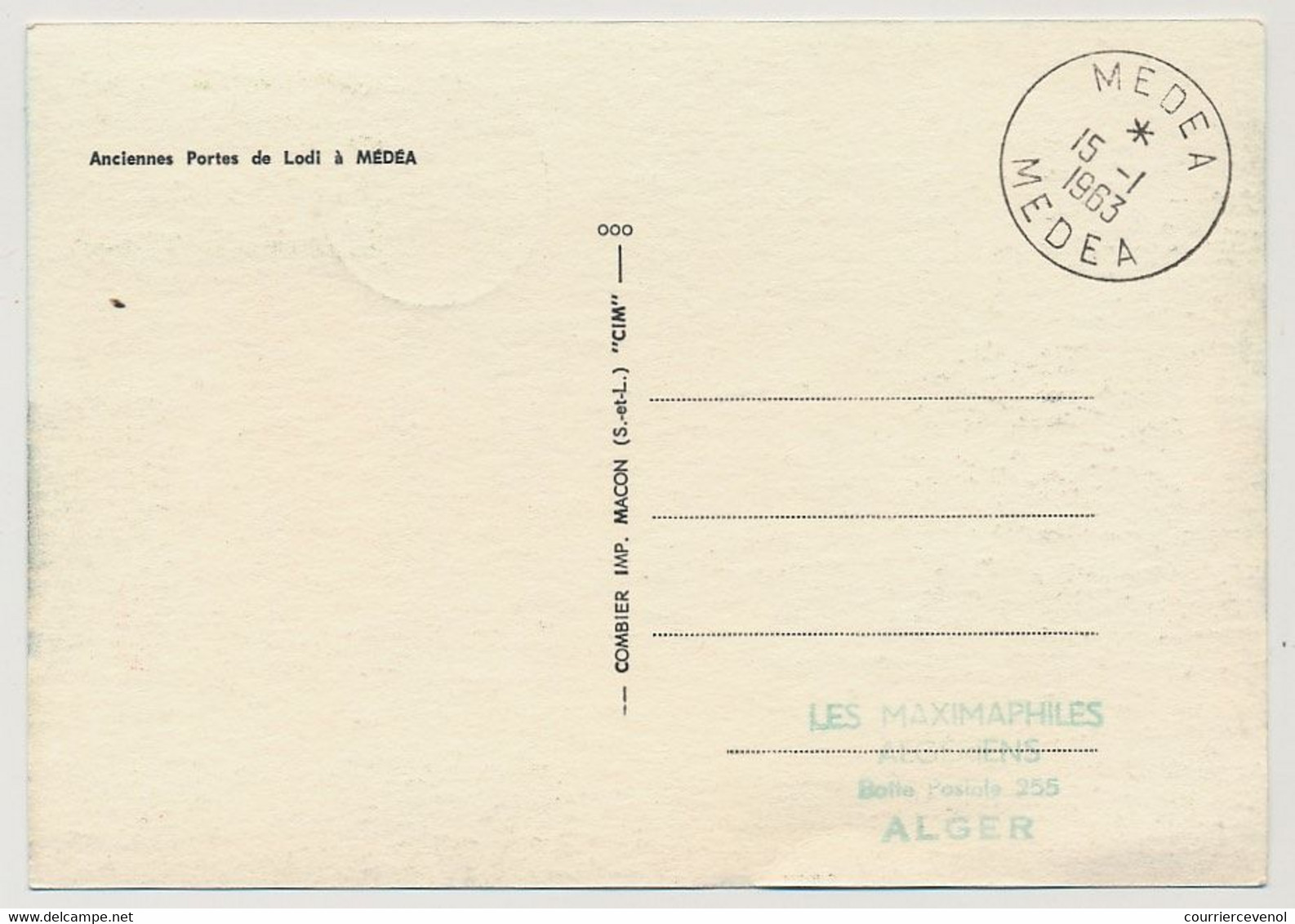 ALGERIE - Carte Maximum - 1F Médéa - 15/1/1963 - Algérie (1962-...)