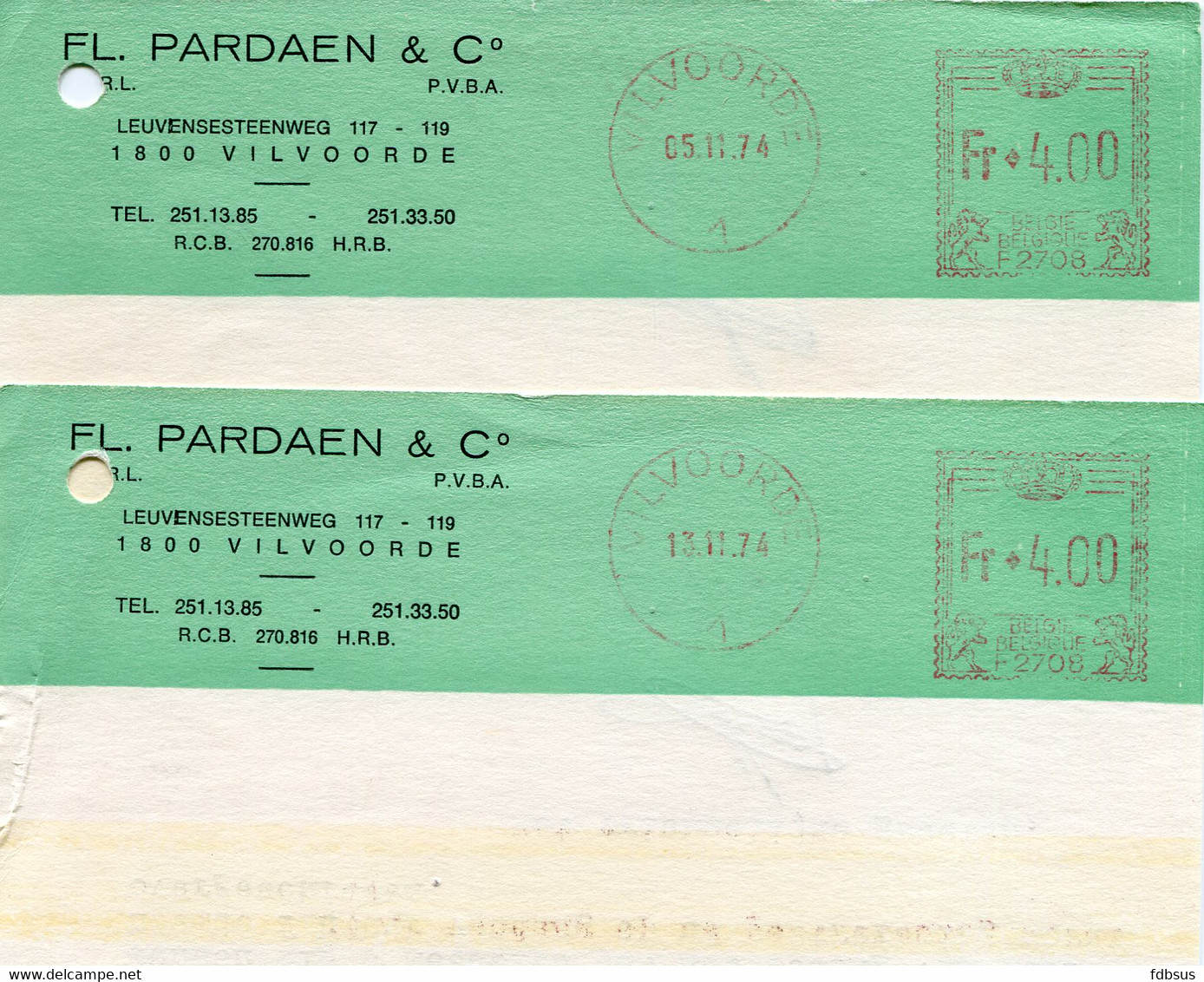 1974 2 Kaarten FL. PARDAEN & C° Vilvoorde - Bestelling Doosjes Voor Visitekaartjes - 1960-1979