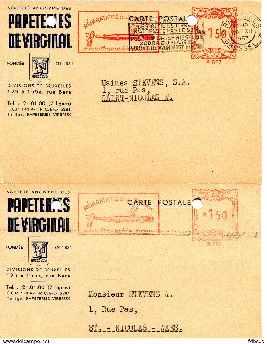 1957/59 2 Kaarten PAPETERIES DE VIRGINAL Divisions De Bruxelles - Mooie Frankering Met Tekening Pen En - ...-1959