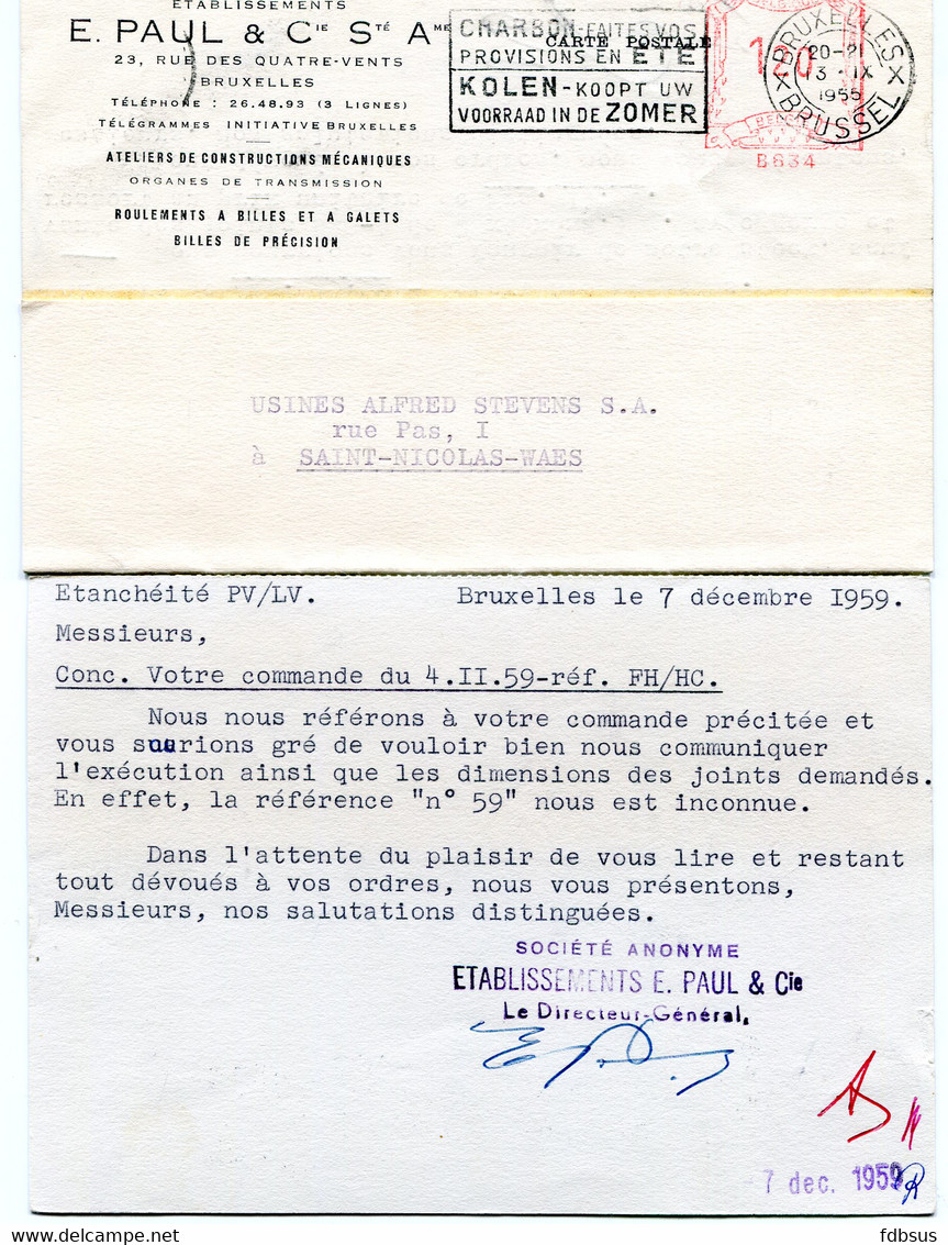 1955/59 2 Kaarten Ets E. PAUL & C° S.A. Bruxelles - Roulements A Billes Et A Galets - Lagers - ...-1959