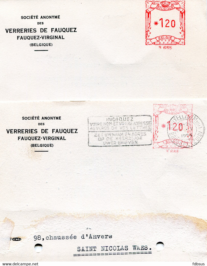 1954/56 2 Kaarten  S.A. VERRERIES DE FAUQUEZ - Fauquez Virginal - Gefr *120 - ...-1959