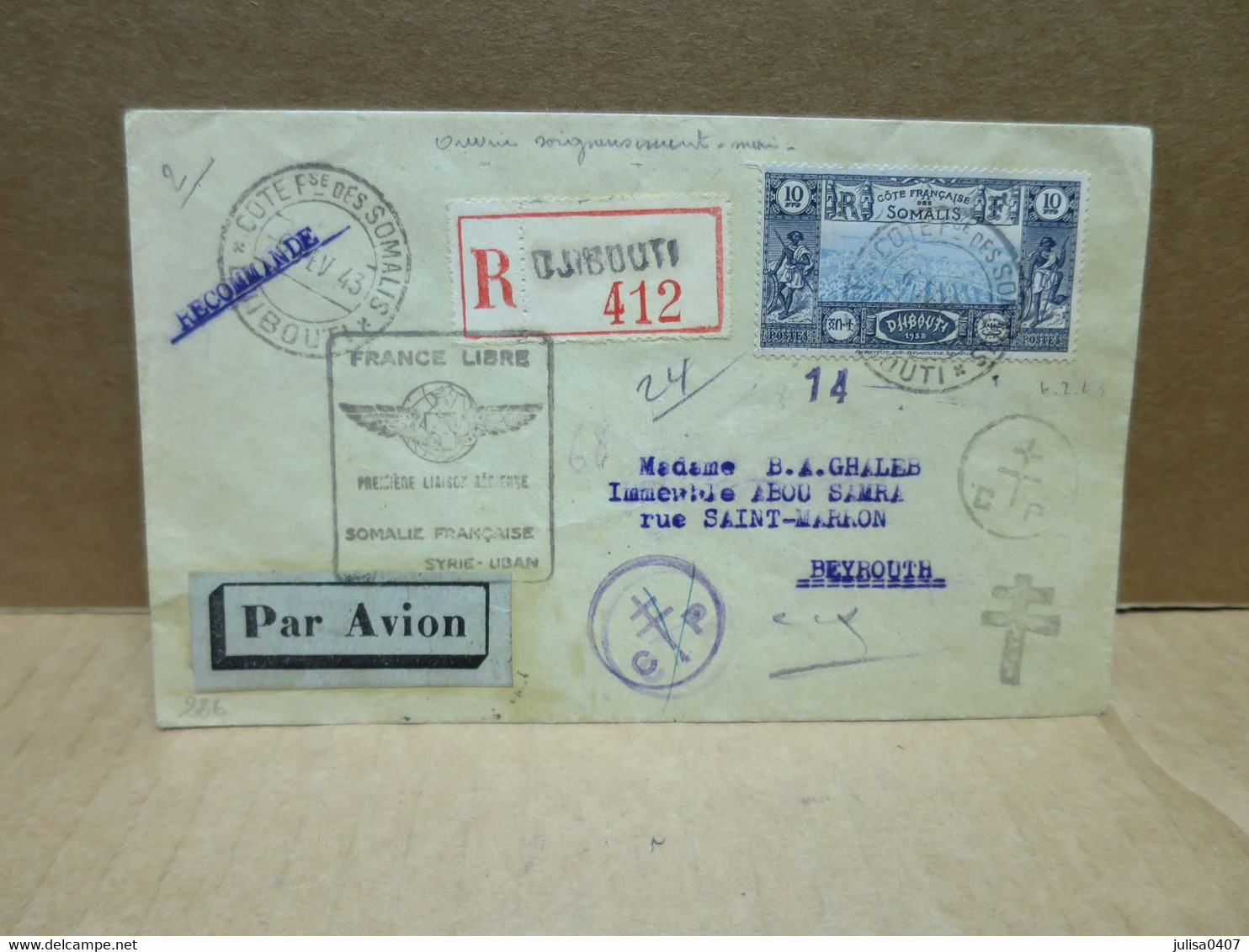 GUERRE 1939-45 Lettre Recommandée Par Avion Vers Beyrouth Cachet France Libre 1943 - Storia Postale