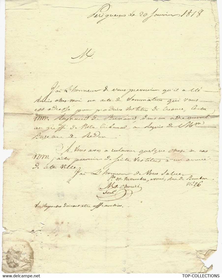 1818 MARQUE POSTALE 23 PERIGEUX L.A.C. Chouri à Périgueux Pour Brossard à Terrasson Voir SCANS - 1801-1848: Precursors XIX