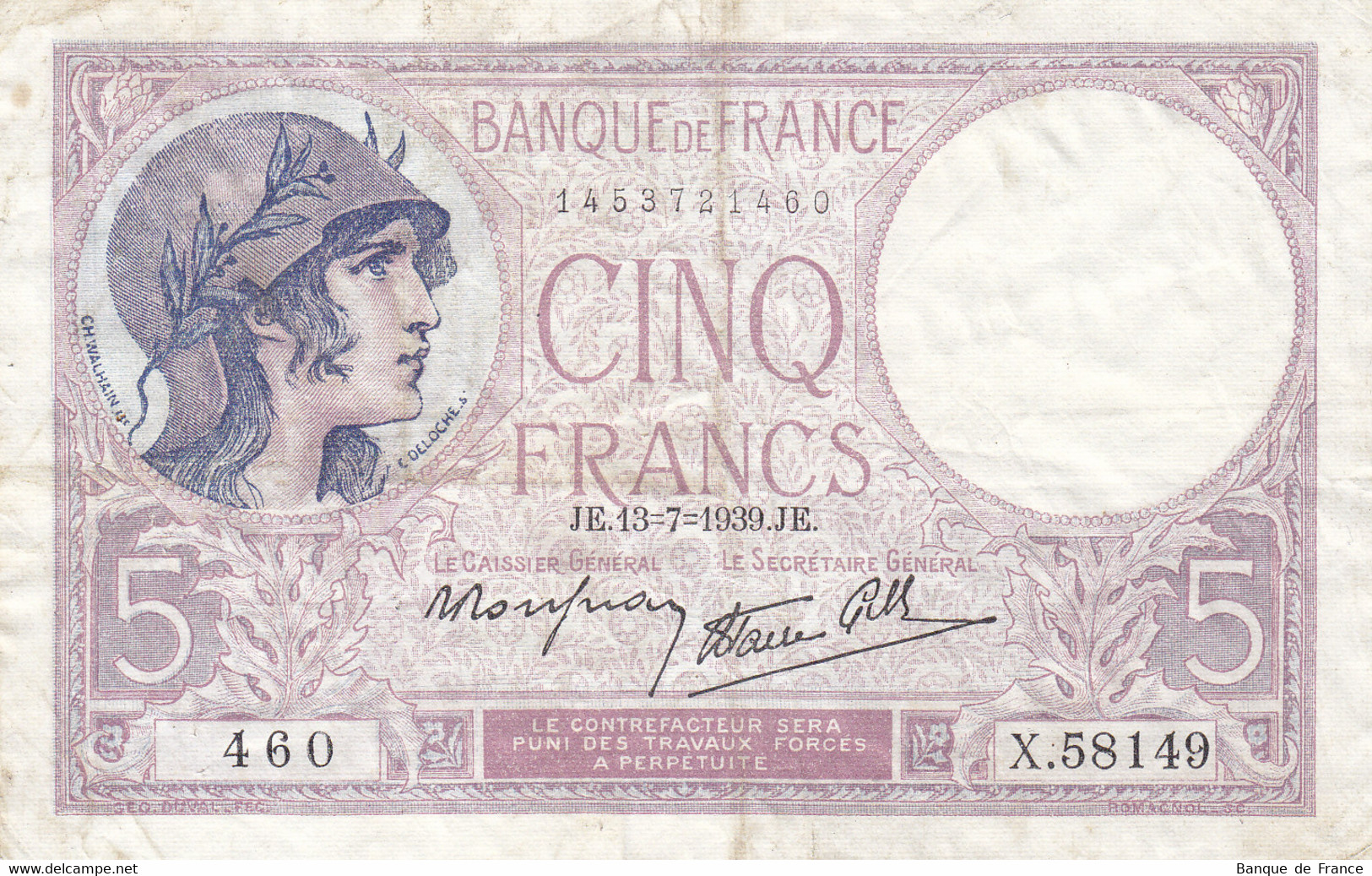 Billet 5 F Violet Du 13-7-1939 FAY 04.01 Alph. X.58149 - 5 F 1917-1940 ''Violet''