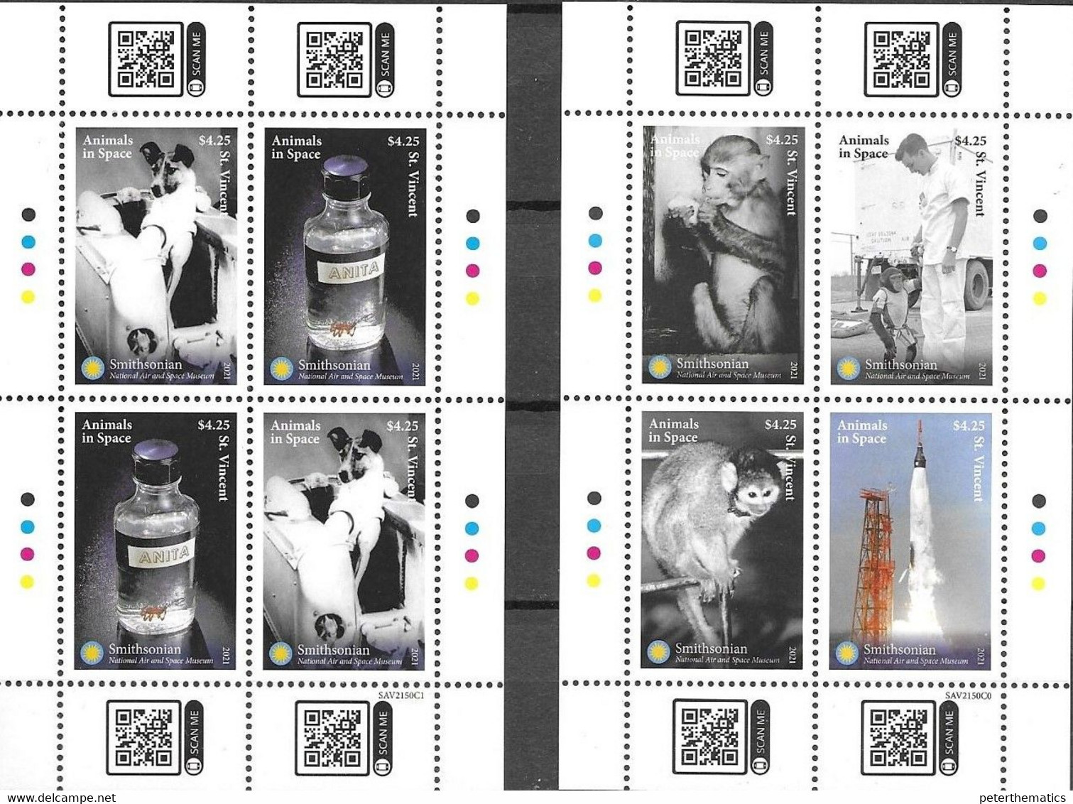 ST. VINCENT, 2021, MNH, SMITHSONIAN NATIONAL AIR AND SPACE MUSEUM, ANIMALS IN SPACE, DOGS, MONKEYS, 2 SHEETLETS, HIGH FV - Other & Unclassified