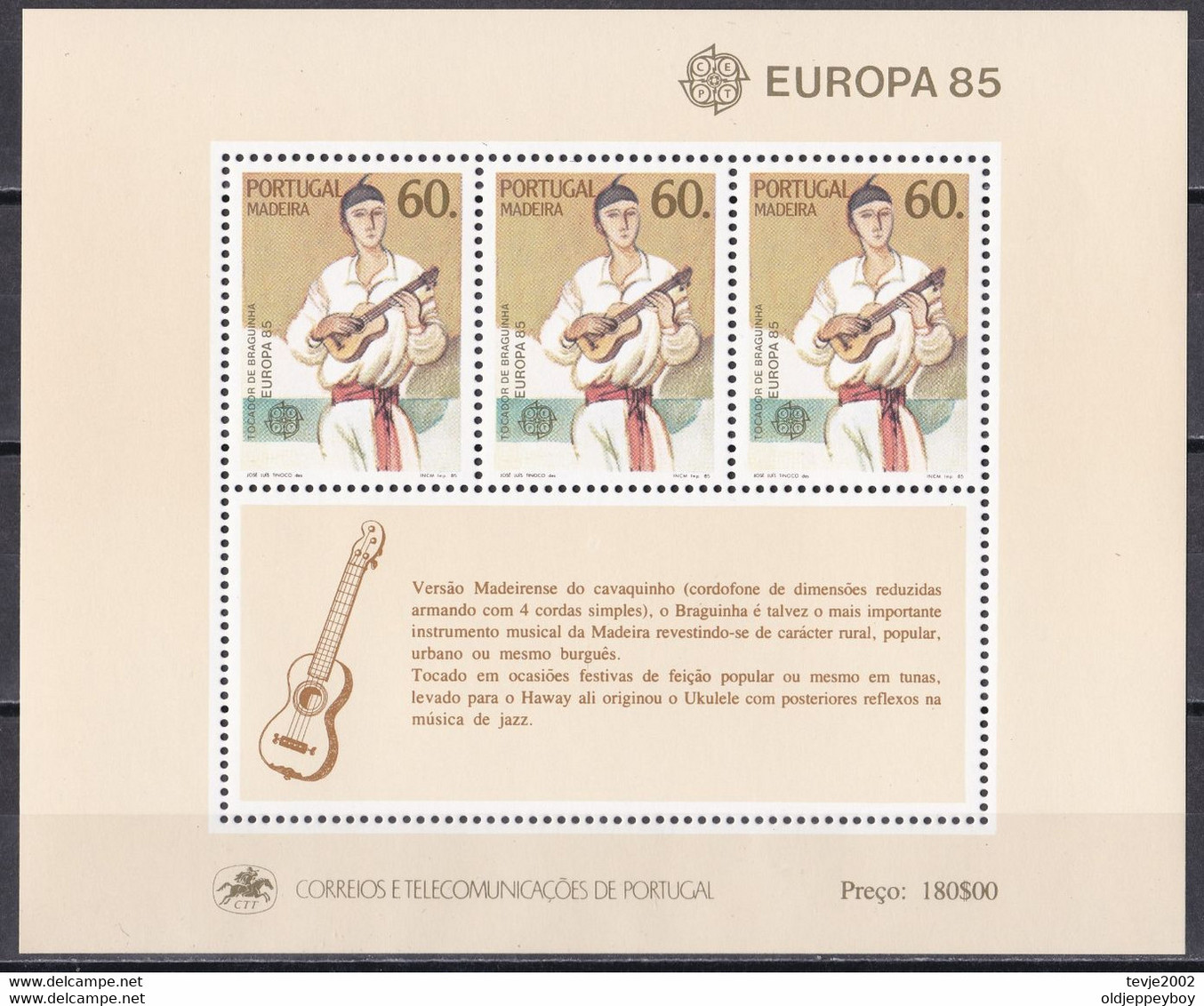 Portugal Madeira 1985 Europa: European Year Of Music, Musician With "Braguinha" (guitar), Mi Bloc 6,  MNH(**) - 1983