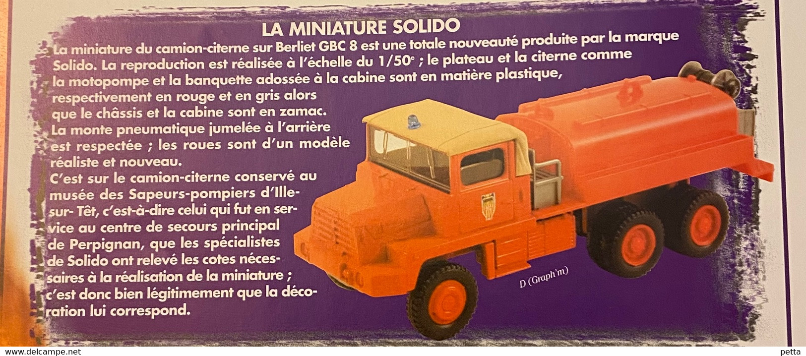 Sapeurs Pompiers de France N*10 / Citerne Berliet GBC 8 / Solido / avec fascicule sans boîte d’origine / Vendu en l’état