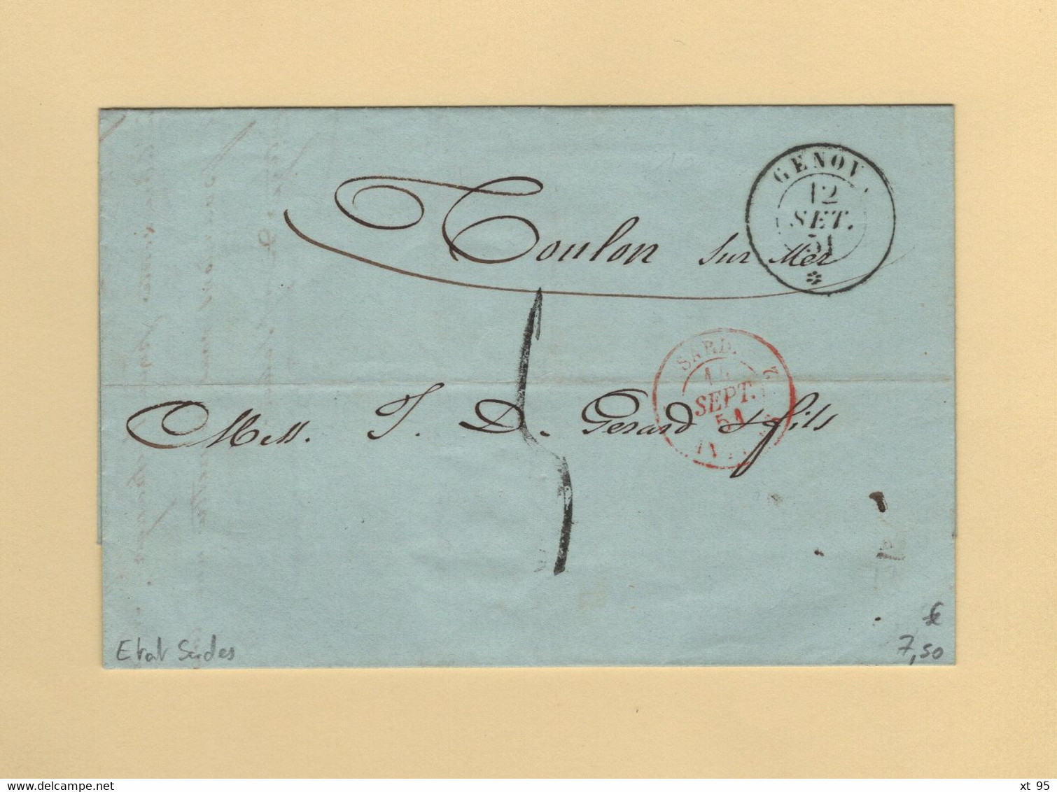 Italie - Genova - 12 Sept 1851 - Genes - Destination France - Ohne Zuordnung