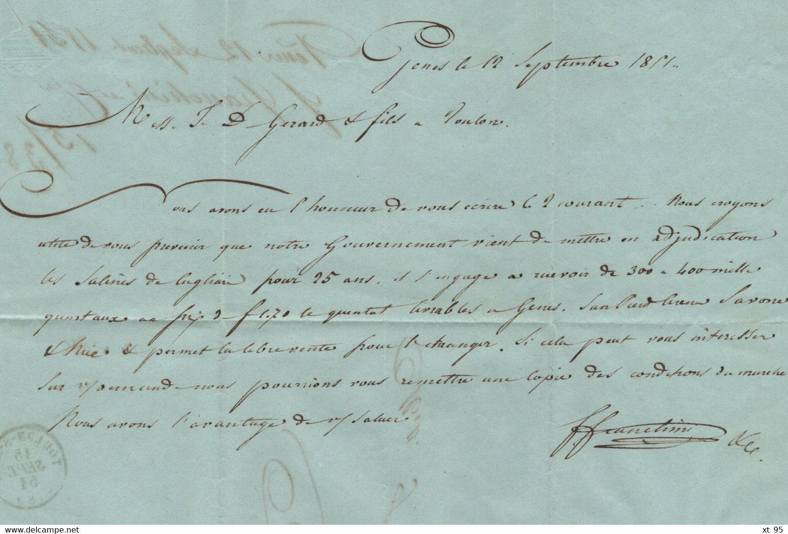 Italie - Genova - 12 Sept 1851 - Genes - Destination France - Unclassified