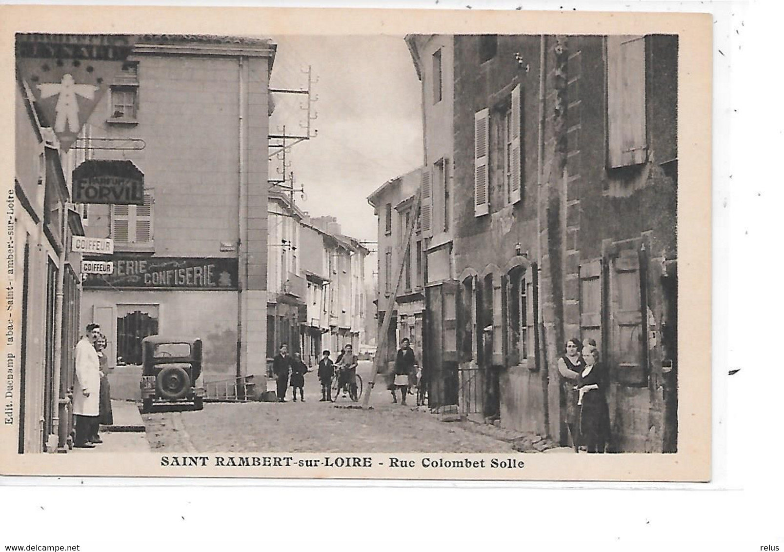 DEP. 42 SAINT-RAMBERT-SUR-LOIRE - RUE COLOMBET SOLLE Coiffeur, Confiserie, Pub. Parfum Forvil, Automobile, Animée - Saint Just Saint Rambert