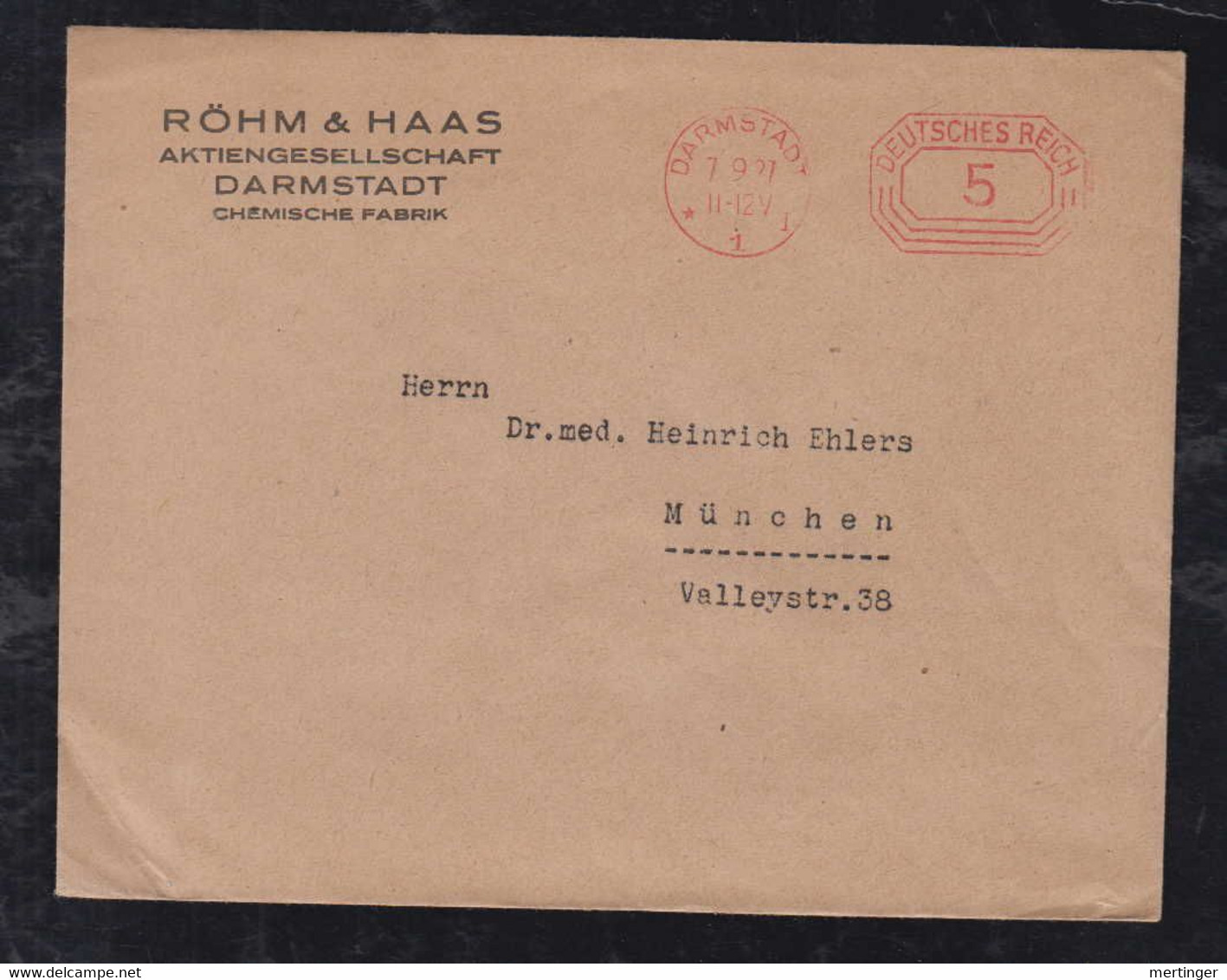 Deutsches Reich 1927 AFS 5Pf Meter Freistempler Drucksache DARMSTADT X MÜNCHEN Röhm Haas - Covers & Documents