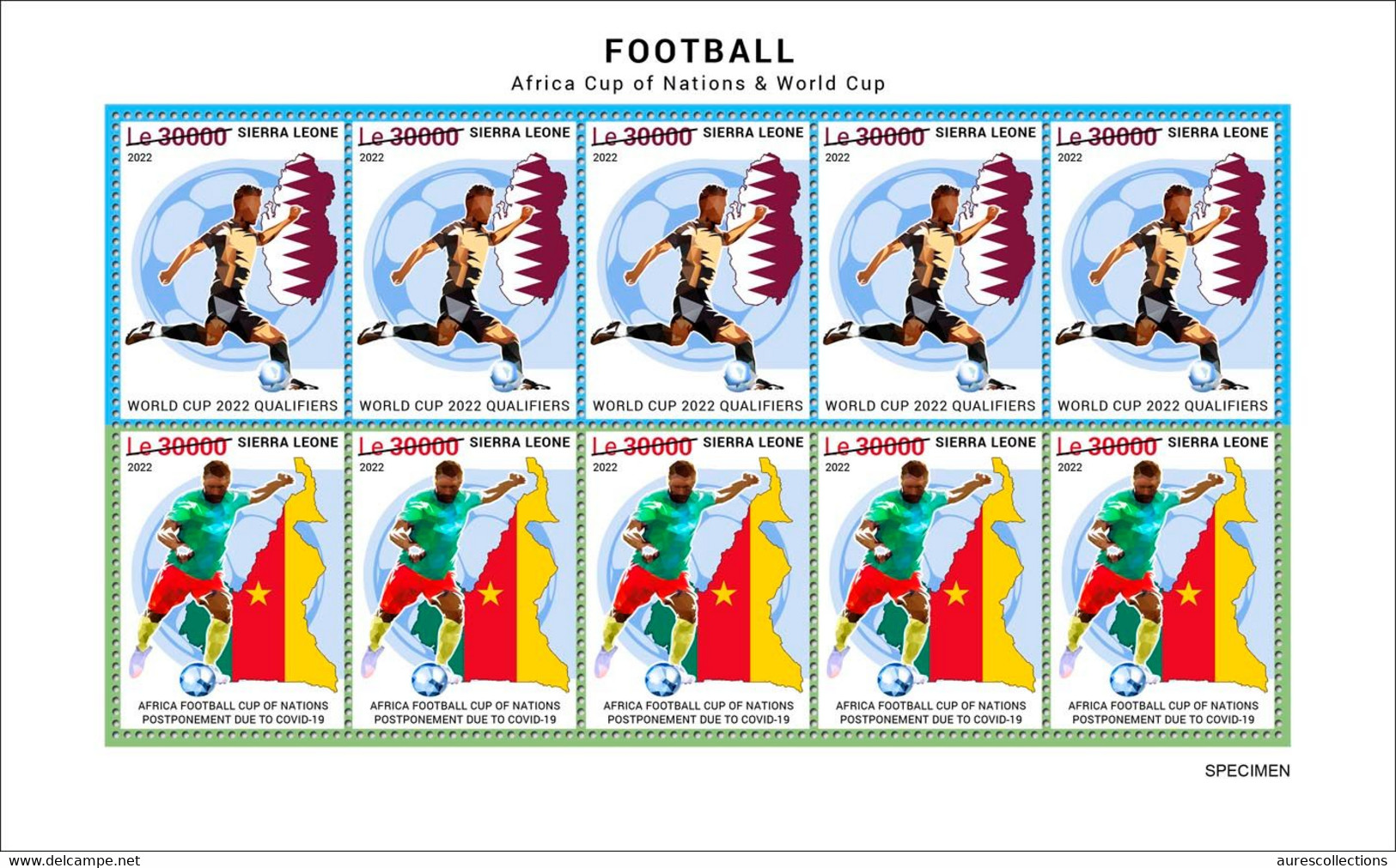 SIERRA LEONE 2022 SPECIMEN SHEETLET 10V - PANDEMIC CORONAVIRUS COVID-19 FOOTBALL WORLD CUP QATAR AFRICA CUP NATIONS MNH - 2022 – Qatar