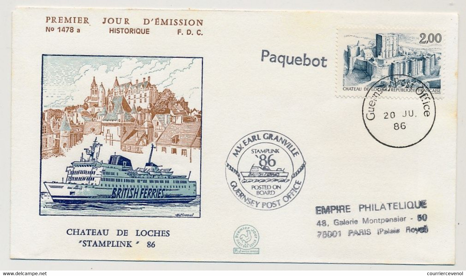 FRANCE / GUERNESEY - FDC Stamplink - 2,00F Chateau De Loches Obl Guerney Post Office / Paquebot 20/7/1986 - 1980-1989