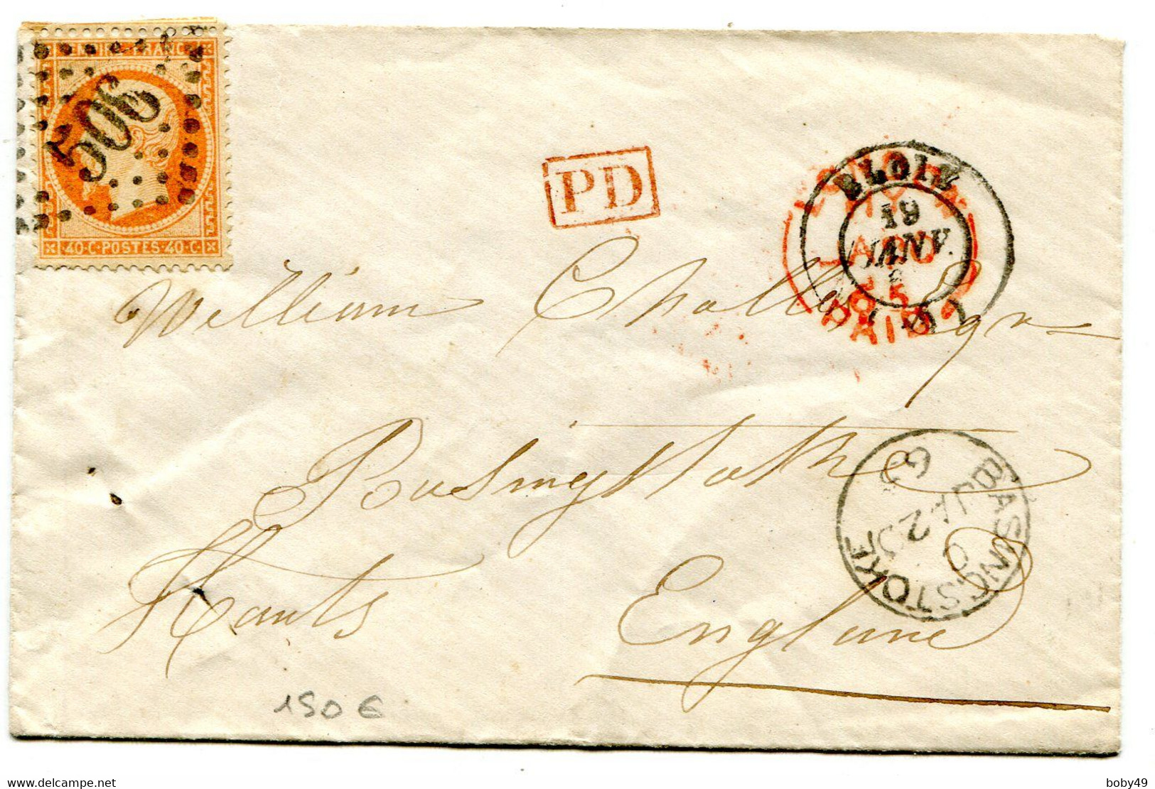 LOIR ET CHER De BLOIS Env. Du 19/01/1865 Pour ANGLETERRE Avec N°23 Oblitéré GC 506 - 1849-1876: Classic Period