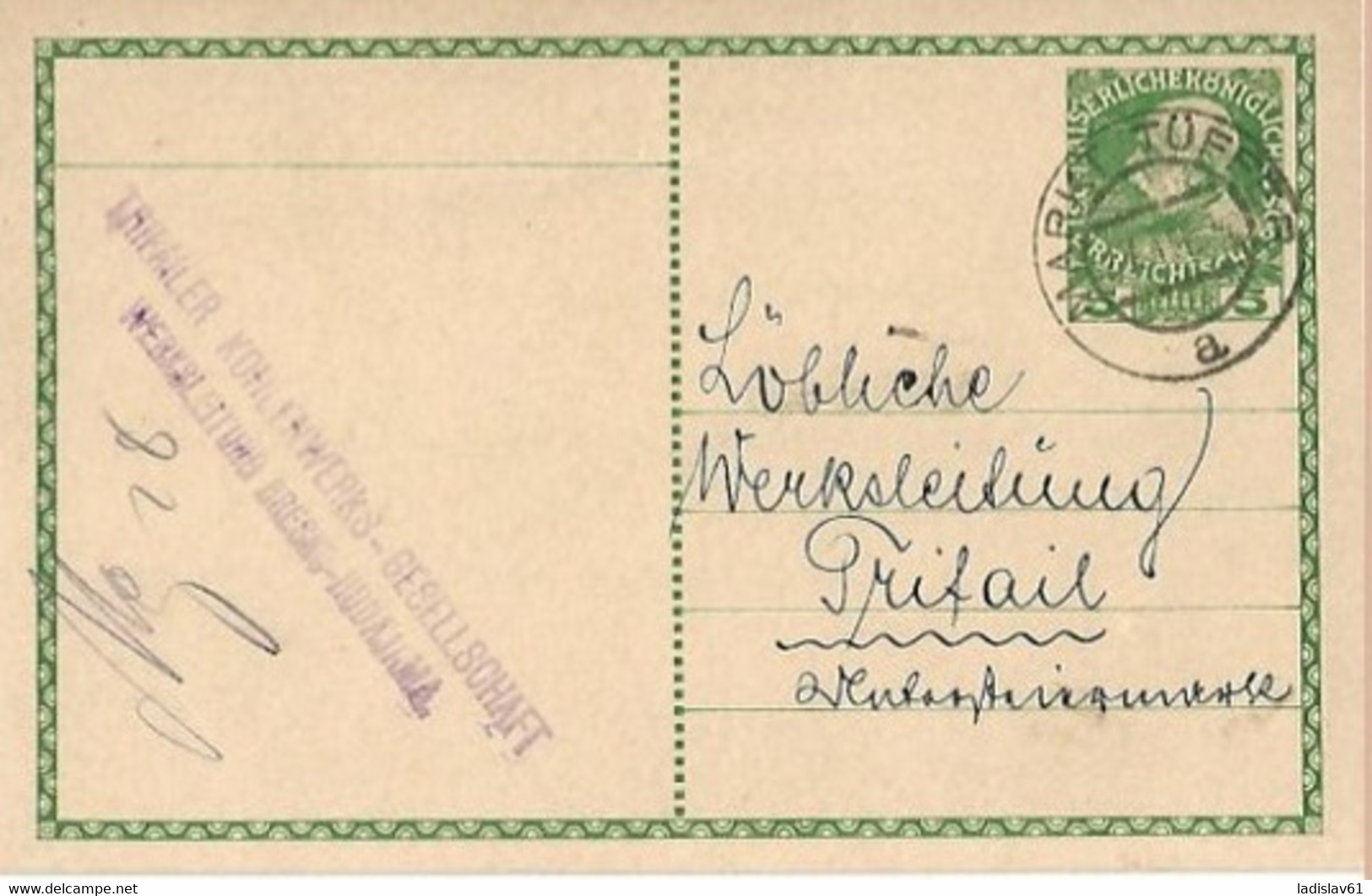 DOPISNICA: Trifailer Kohlenwerks-Gesellschaft Werksleitung "BRESNO-HUDAJAMA"  MARK TUFFER   7.2.1914 - Sonstige & Ohne Zuordnung