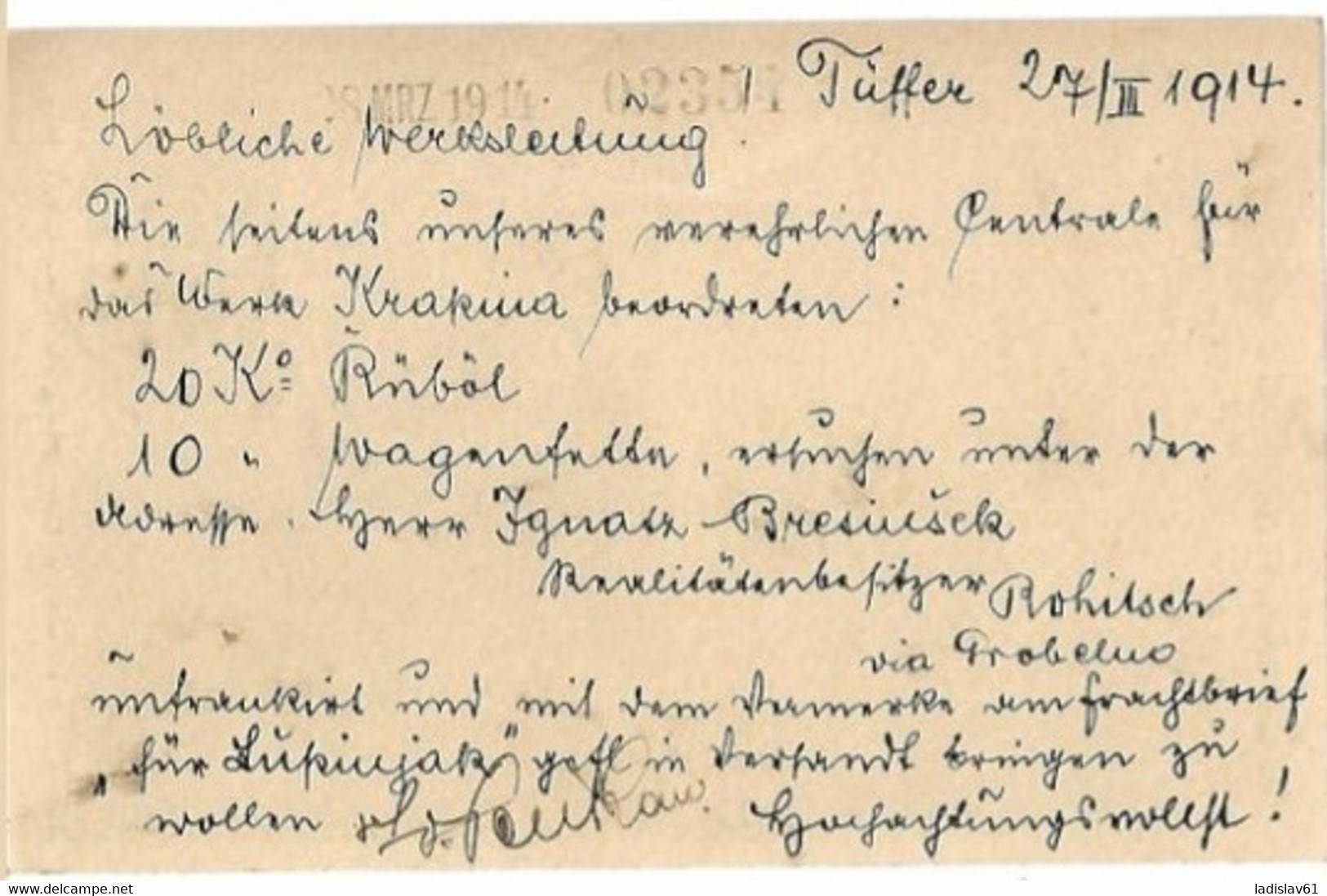 DOPISNICA: Trifailer Kohlenwerks-Gesellschaft Werksleitung "BRESNO-HUDAJAMA"  MARK TUFFER   7.2.1914 - Sonstige & Ohne Zuordnung