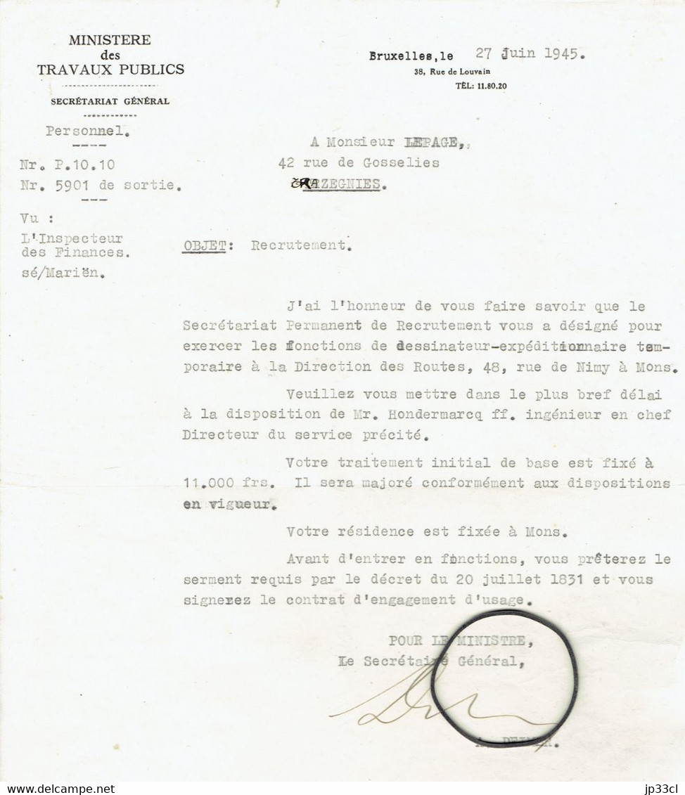 Lettre Avec Signature Autographe D'Alexandre Delmer, Secrétaire Général Du Ministère Des Travaux Publics (1945) - Documents Historiques