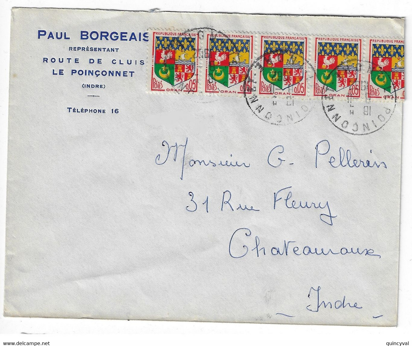 LE POINCONNET Indre Lettre Entête Borgeais Représentant Blason Oran Yv 1230A Ob8 11 1962 - Storia Postale