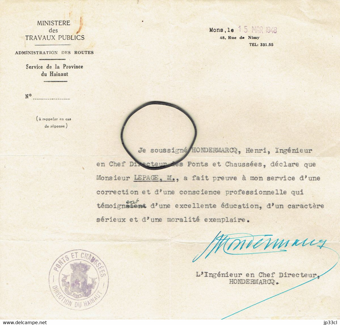 Lettre Avec Signature Autographe D'Henri Hondermarcq, Ingénieur, Directeur Au Ministère Des Travaux Publics (Mons, 1948) - Andere & Zonder Classificatie