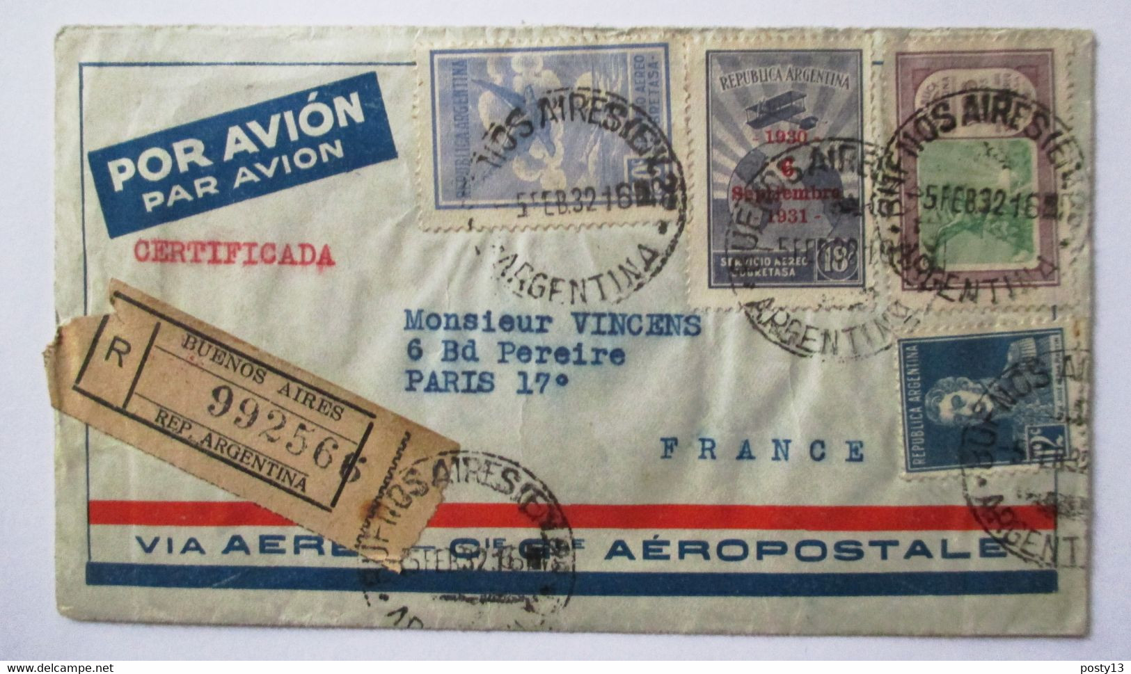 AVIATION - Enveloppe CGA Cie Générale Aéropostale - 1932  Lettre Recommandée Buenos Aires / Paris TBE - Airmail