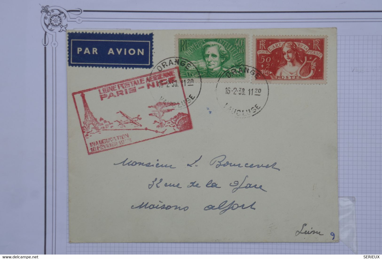 AU16 SUISSE  BELLE CARTE  1938 ORANGE 1ER VOL  POUR MAISONS ALFORT +GRIFFES  + AFFR. PLAISANT - 1960-.... Lettres & Documents