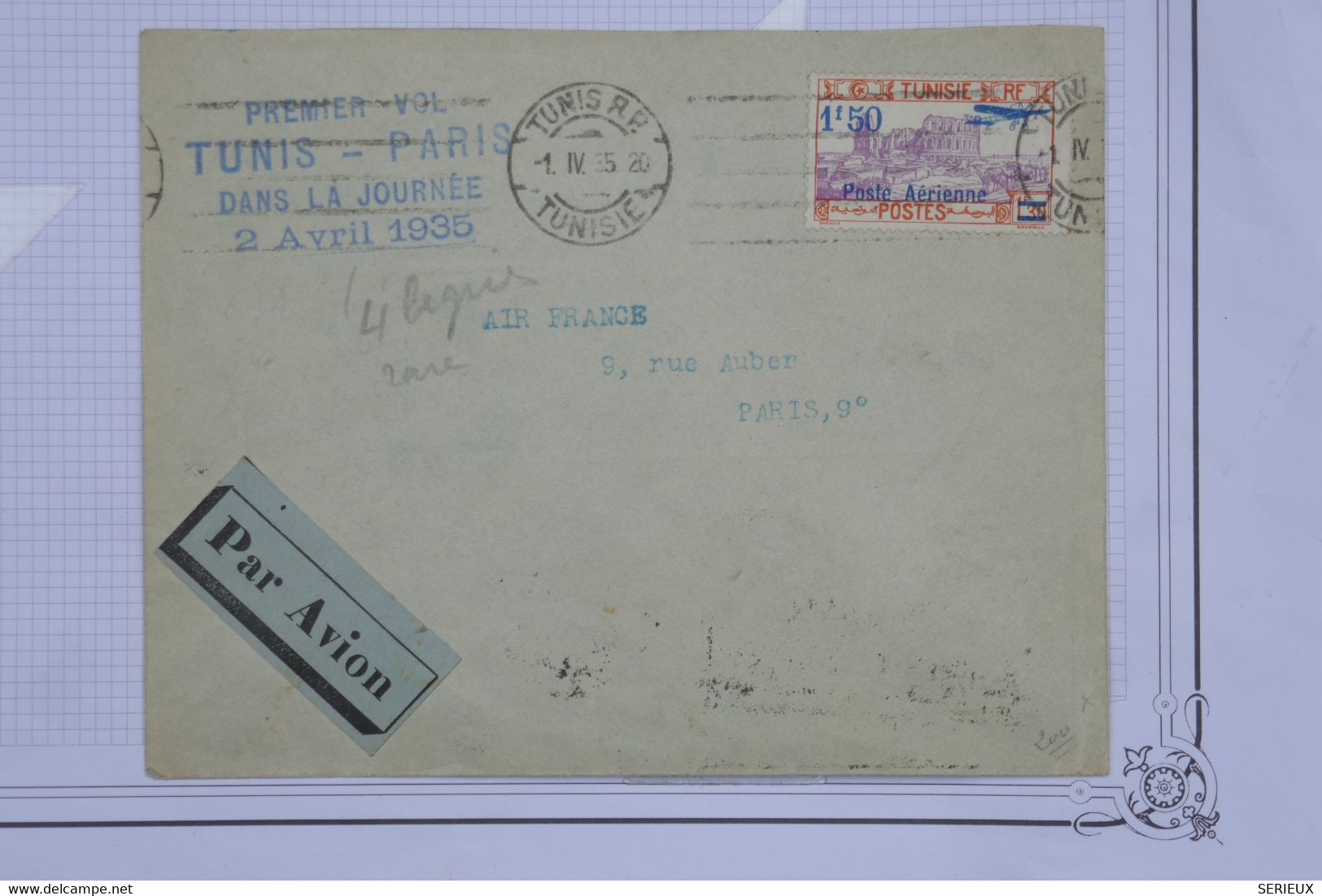 AU16 TUNISIE  BELLE LETTRE 1935 TUNIS  POUR PARIS  +GRIFFES +SURCHARGES 1F50++ + AFFR. PLAISANT - Airmail