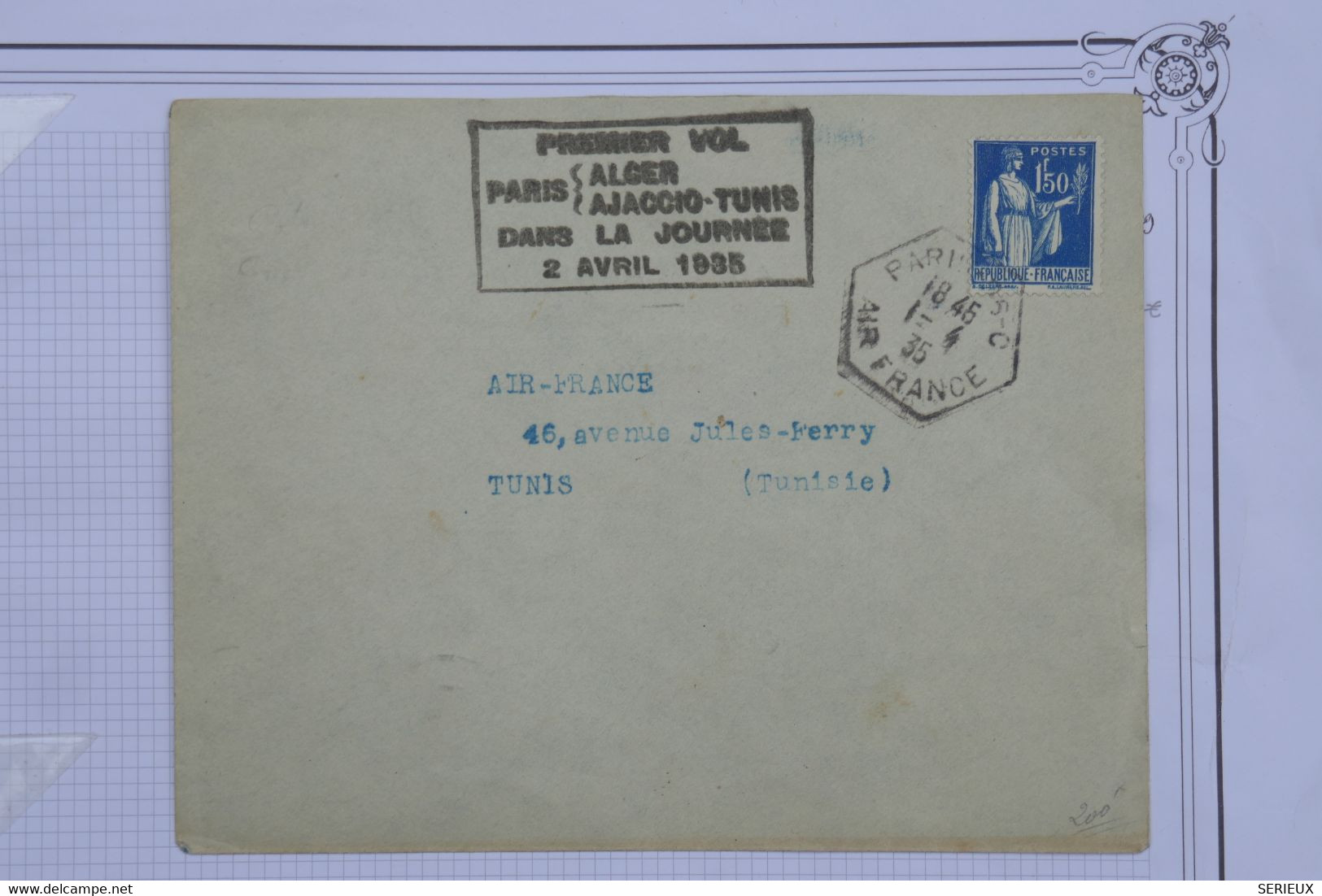 AU16 FRANCE   BELLE LETTRE 1935 1ER VOL  PARIS POUR ALGER TUNIS  +CACHET HEXAGONAL ++ + AFFR. PLAISANT - 1960-.... Storia Postale