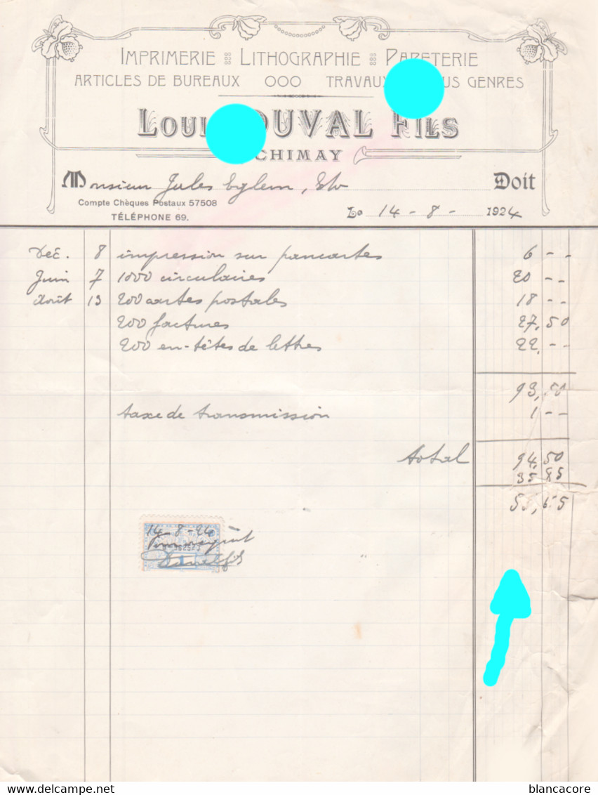 Chimay 1924 Imprimerie Louis Duval - Drukkerij & Papieren