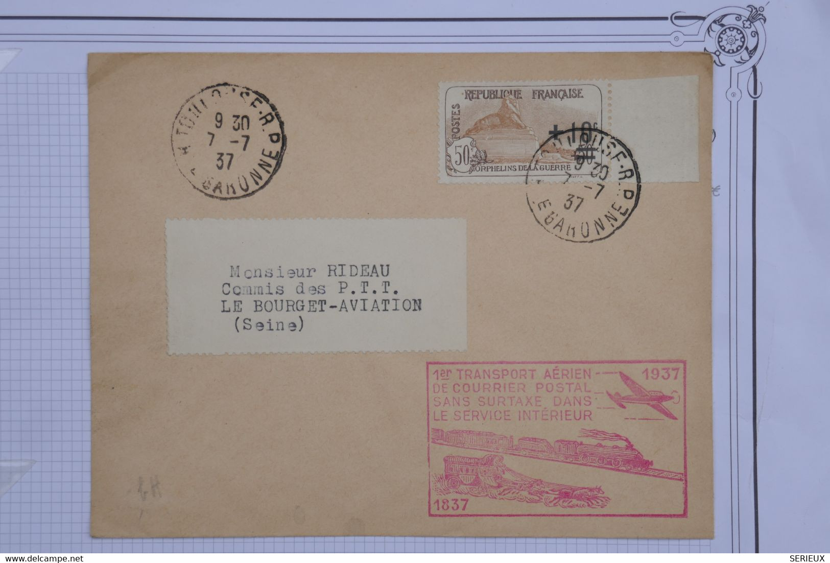 C FRANCE  BELLE LETTRE 1937  1ER VOL TOULOUSE  POUR LE BOURGET   +ORPHELIN+ + AFFR. PLAISANT - 1960-.... Storia Postale