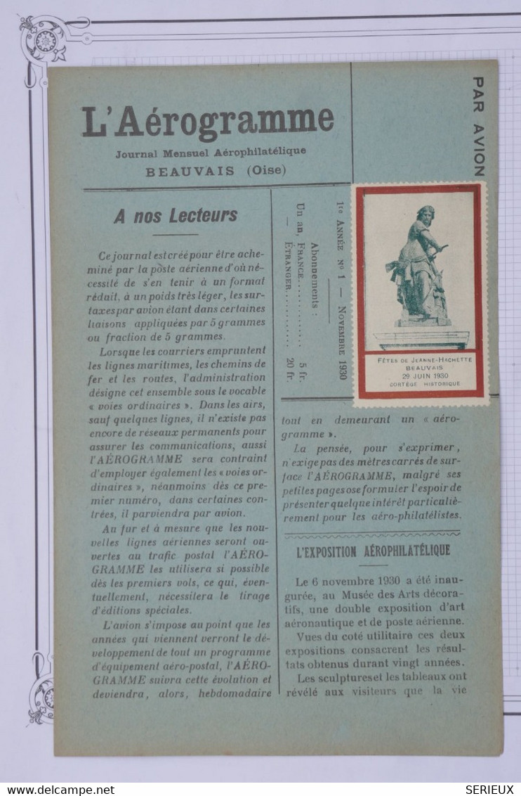 AU16 FRANCE  L AEROGRAMME DE BEAUVAIS N° 1  1930   +ETAT NEUF PLAISANT+AVEC SA VIGNETTE ++++PA SI  COURANT - 1960-.... Brieven & Documenten