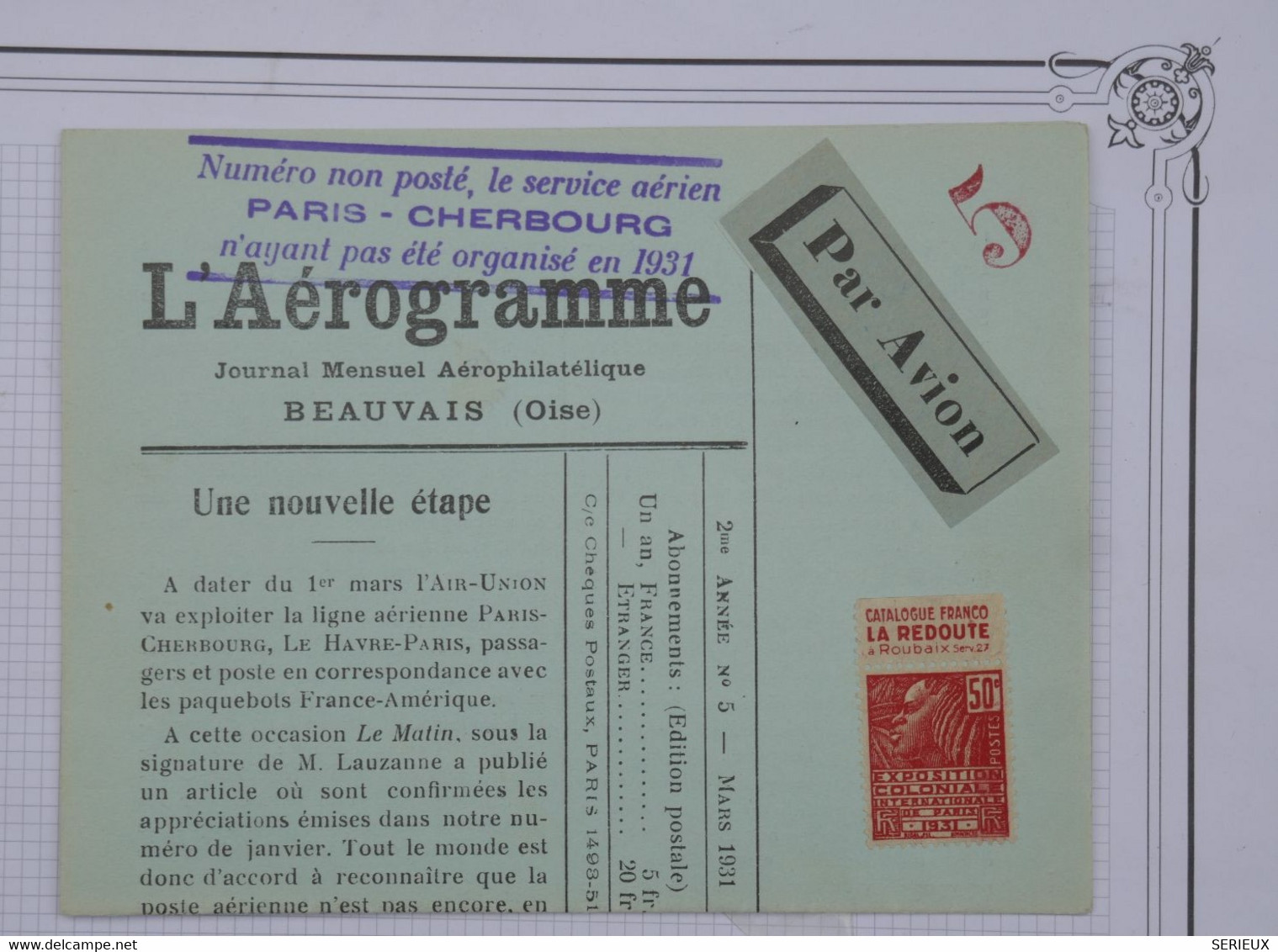 AU16 FRANCE  L AEROGRAMME DE BEAUVAIS N° 5  1931   +NON ENVOYé ++PLAISANT+ ++++PAS SI  COURANT - 1960-.... Lettres & Documents