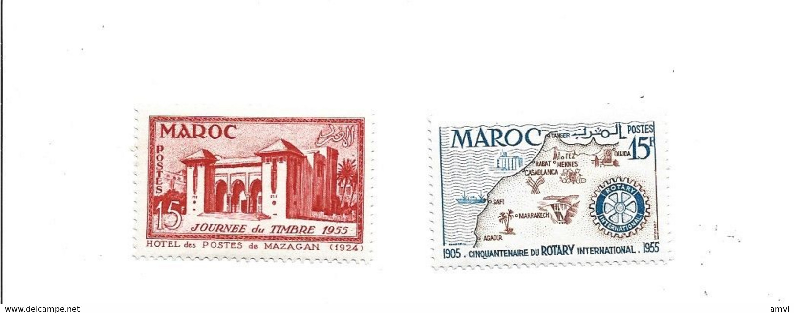 22- 5 - 1102 Maroc Timbres Neufs ** 344 Et 343  Centenaire Du Rotary International - HOTEL DES POSTES DE MAZAGAN - Neufs