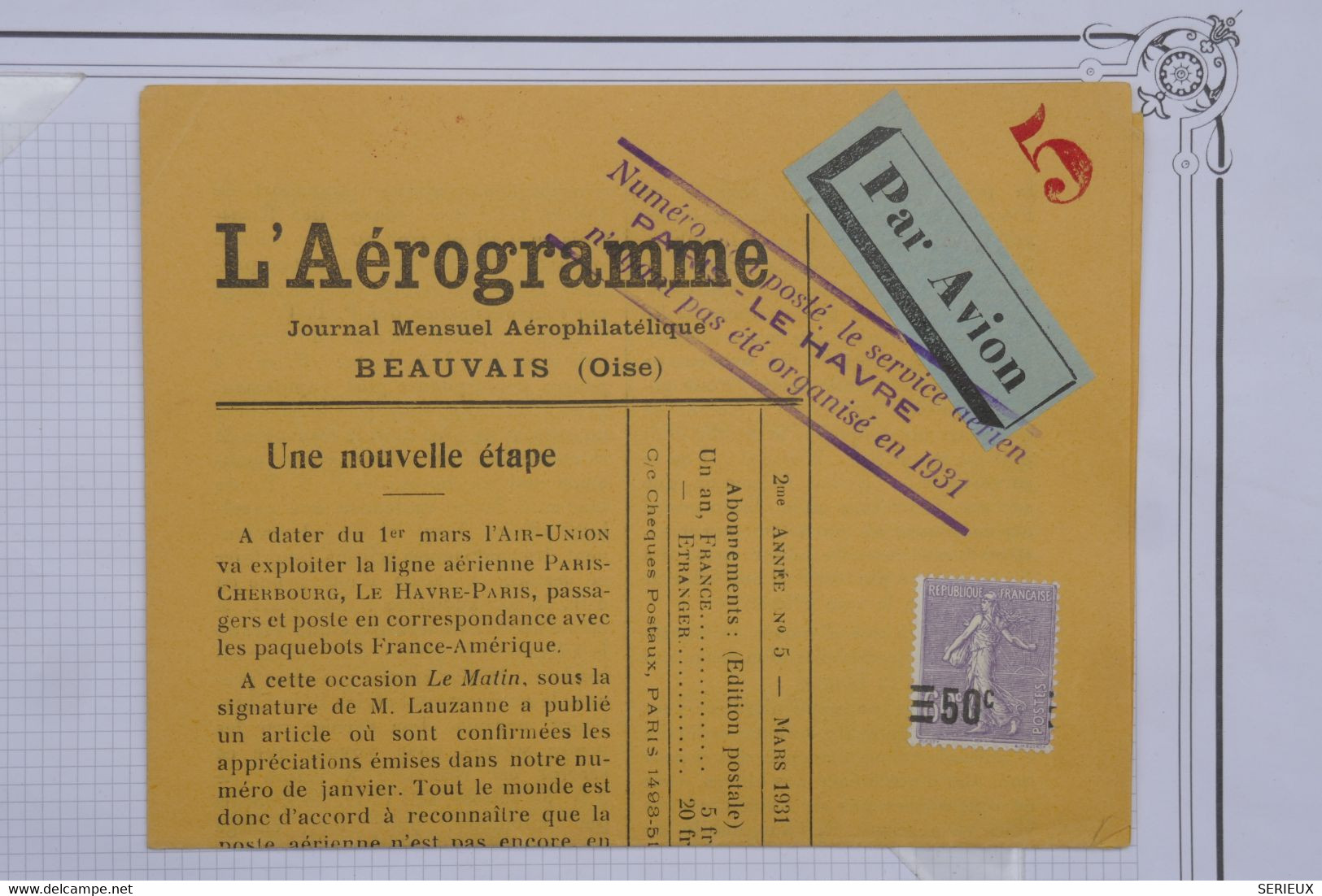 AU16 FRANCE  L AEROGRAMME DE BEAUVAIS N° 5  1931   +NON POSTé NEUF   ++AFFRANCH. PLAISANT+ ++++PAS SI  COURANT - 1960-.... Lettres & Documents