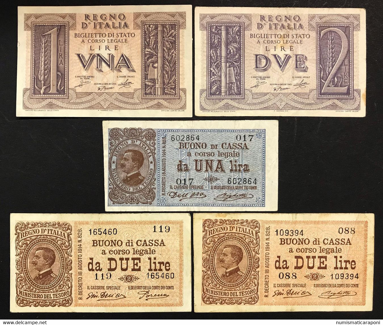 Vittorio Emanuele III° 1 Lira 21 09 1914 + 2 Lire 1917 R2 + 1920 N.c. + 1 + 2 Lire 1939 LOTTO 2625 - Italia – 1 Lira