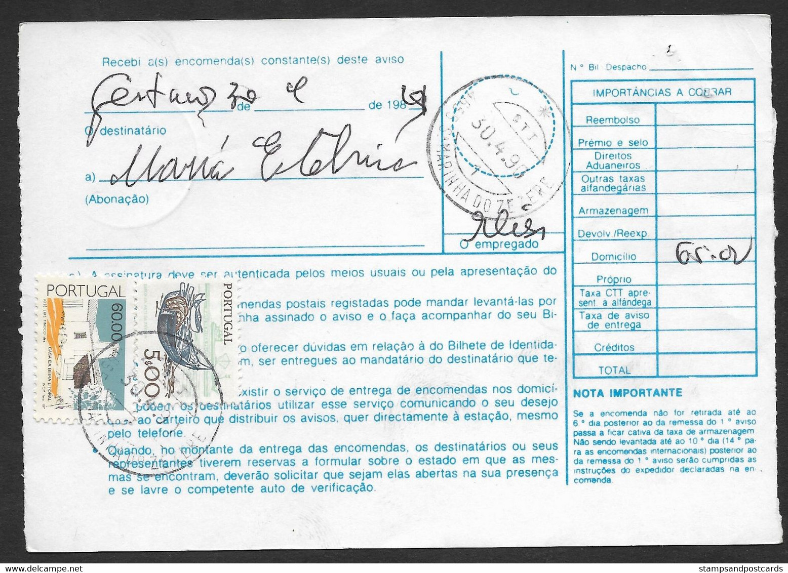 Portugal Document Timbré Colis A Payer Cachet Santa Marinha Do Zezere 1990 Order To Collect - Briefe U. Dokumente