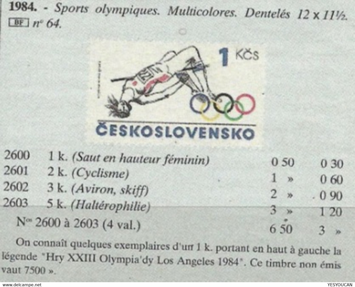 Yv.2600=7500€ JEUX OLYMPIQUES,RARE NON EMIS"LOS  ANGELES 1984"CERT(Tchécoslovaquie Czechoslovakia Unissued Olympic Games - Nuevos