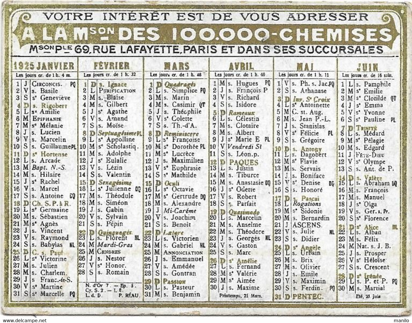 Calendrier 1925 Publicité Maison 100 000 CHEMISES à Paris  Semestre Recto-verso - Formato Piccolo : 1921-40