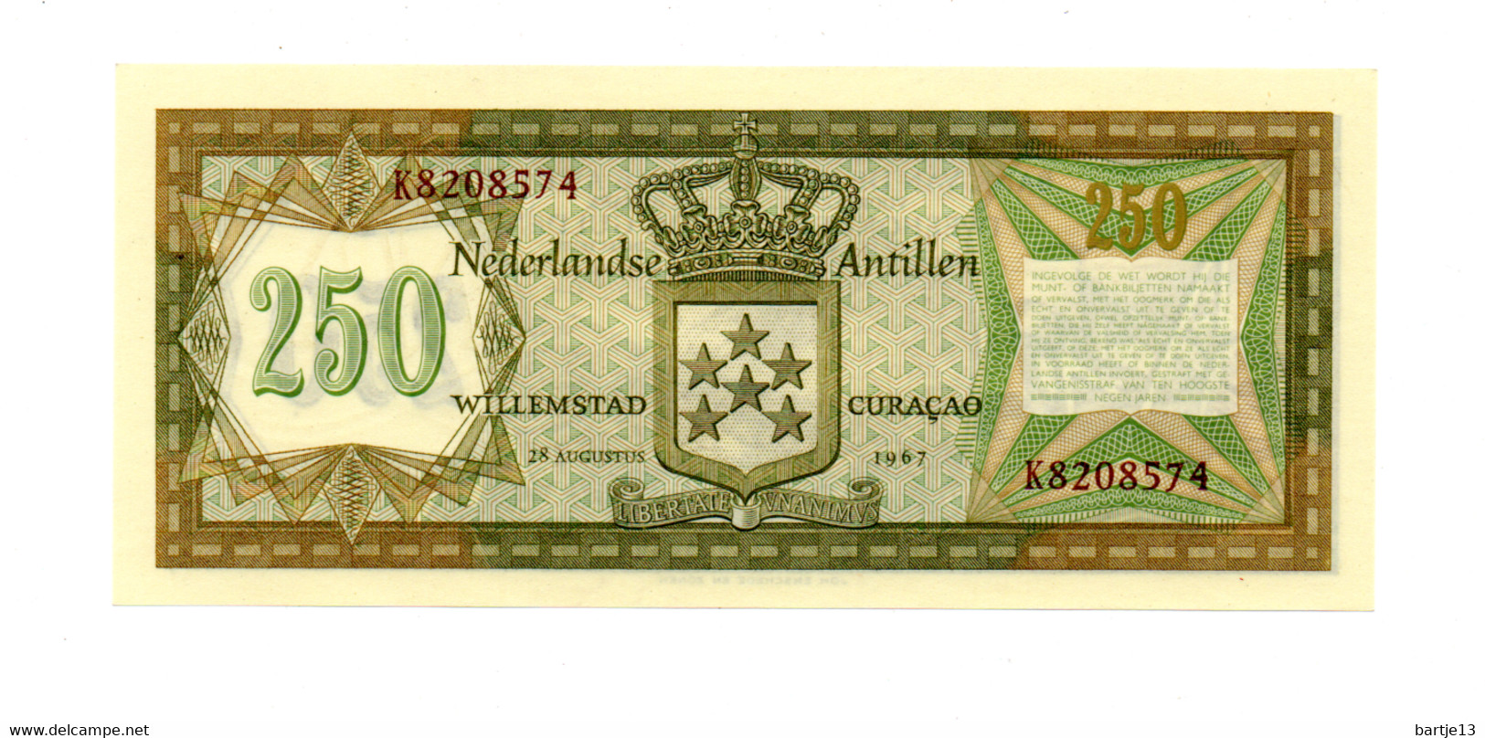 NEDERLANDSE ANTILLEN 250 GULDEN 28.8.1967 UNCIRCULATED - Antillas Neerlandesas (...-1986)