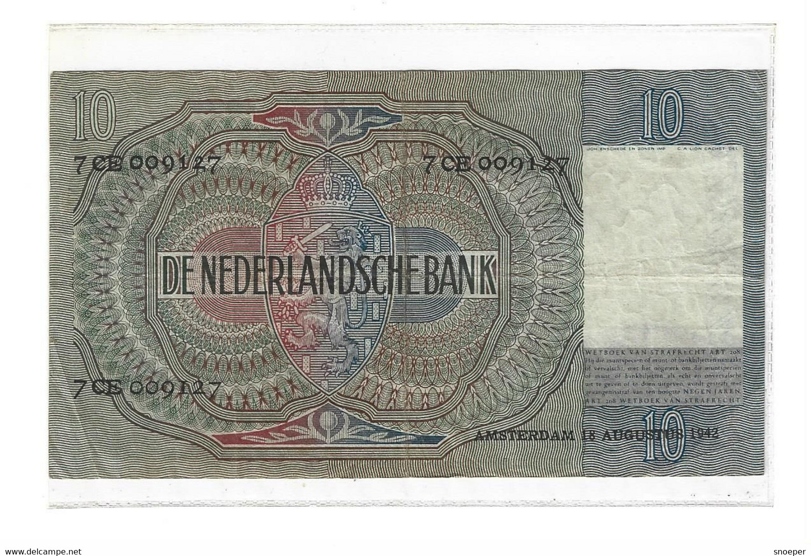 * NETHERLANDS 10 GULDEN 1942   55b - 5 Florín Holandés (gulden)