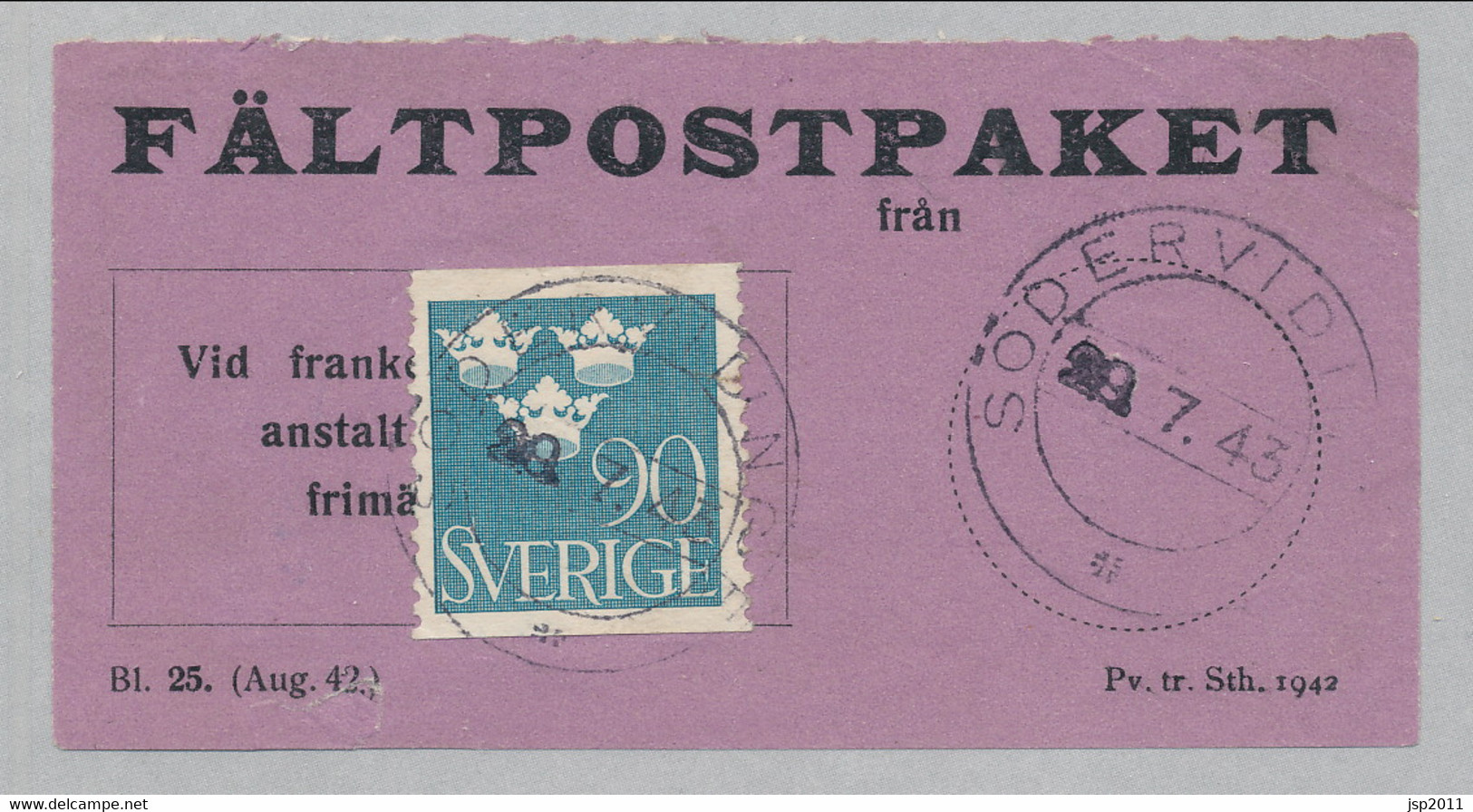 Sweden 1942, Facit # FPE Parcel Post Labels, SÖDERVIDING 28.7.43. See Description - Militares