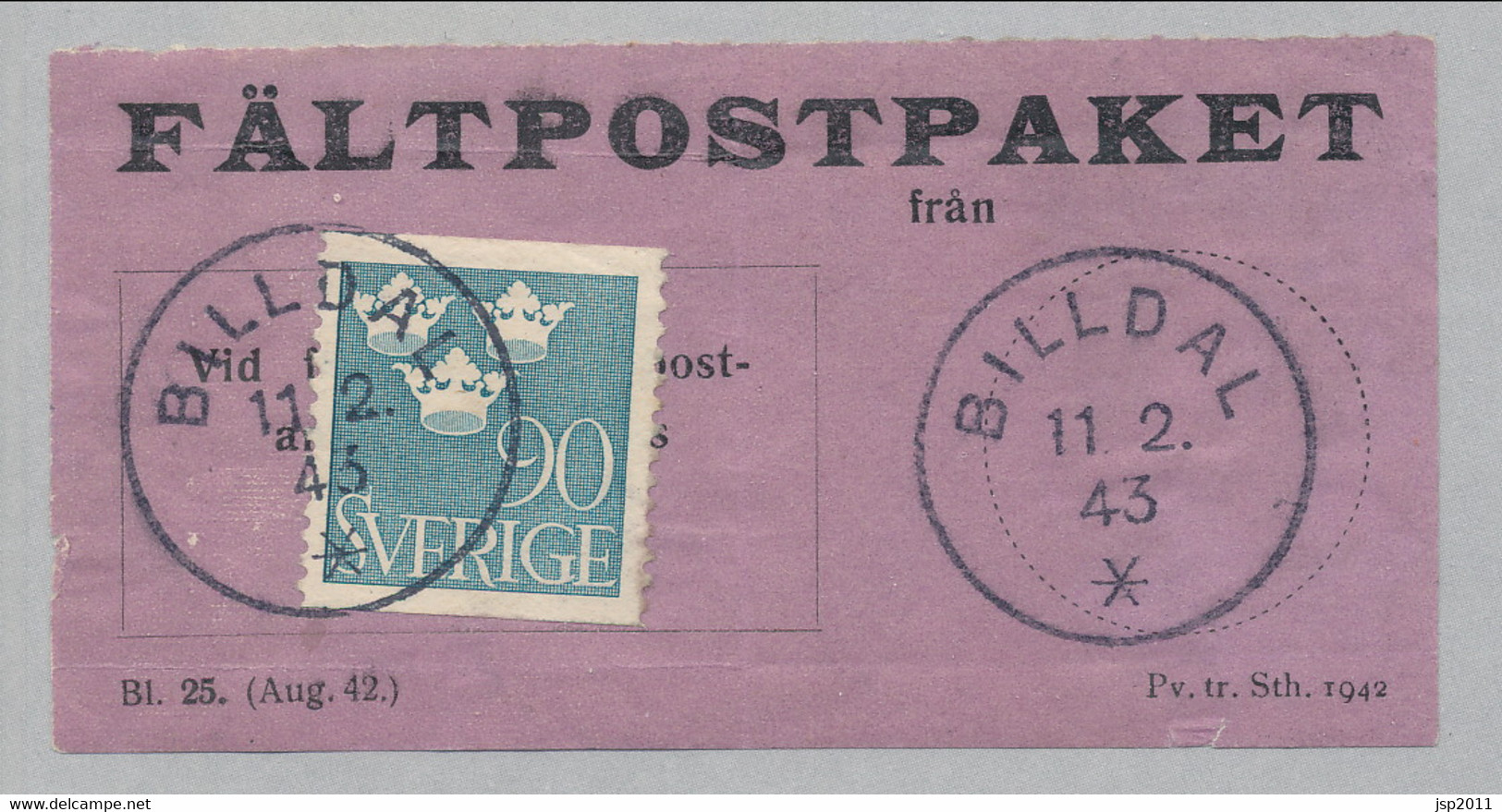 Sweden 1942, Facit # FPE Parcel Post Labels, BILLDAL 11.2.43. See Description - Military