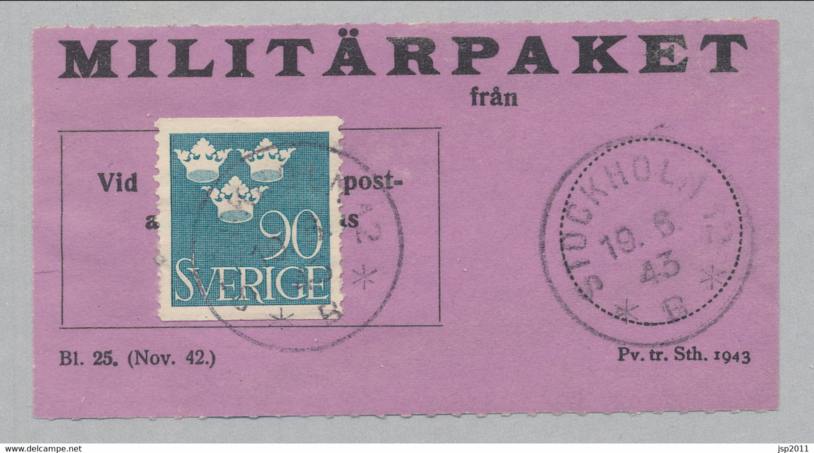 Sweden 1942, Facit # MPE V1. Parcel Post Label, STOCKHOLM 12, 19.6.43. See Description. - Militärmarken