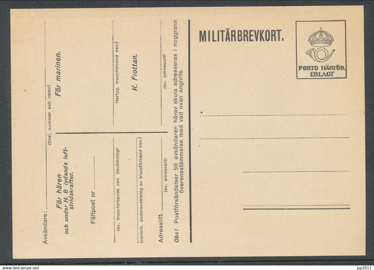 Sweden 1929, Facit # MkB 3, "Postage Paid". Unused. See Description - Military