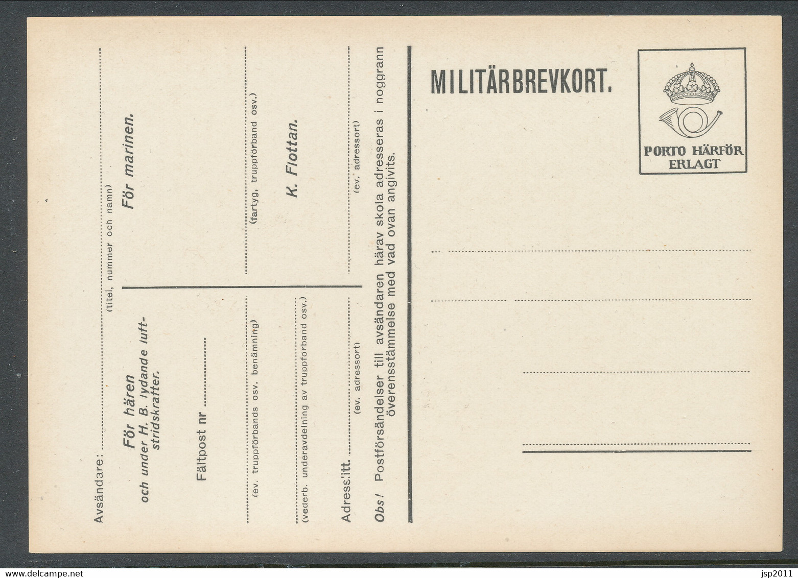 Sweden 1929, Facit # MkB 3, "Postage Paid". Unused. See Description - Military