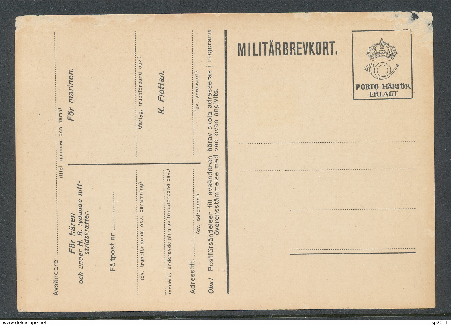 Sweden 1929, Facit # MkB 3, "Postage Paid". Unused. See Description - Military