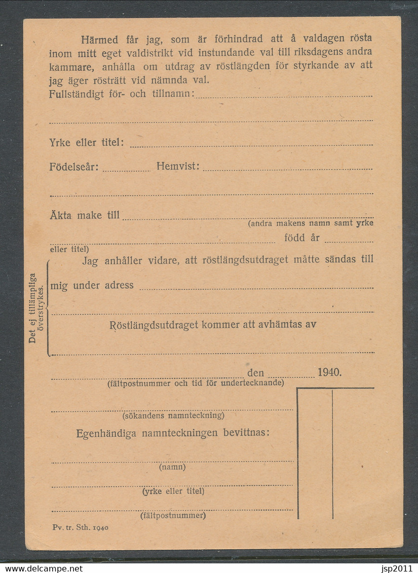 Sweden 1940, Facit # MkB 6A . For Extract Of The Electoral Register. Unused. See Description - Militares