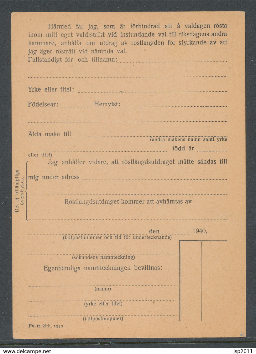 Sweden 1940, Facit # MkB 6A . For Extract Of The Electoral Register. Unused. See Description - Militaires