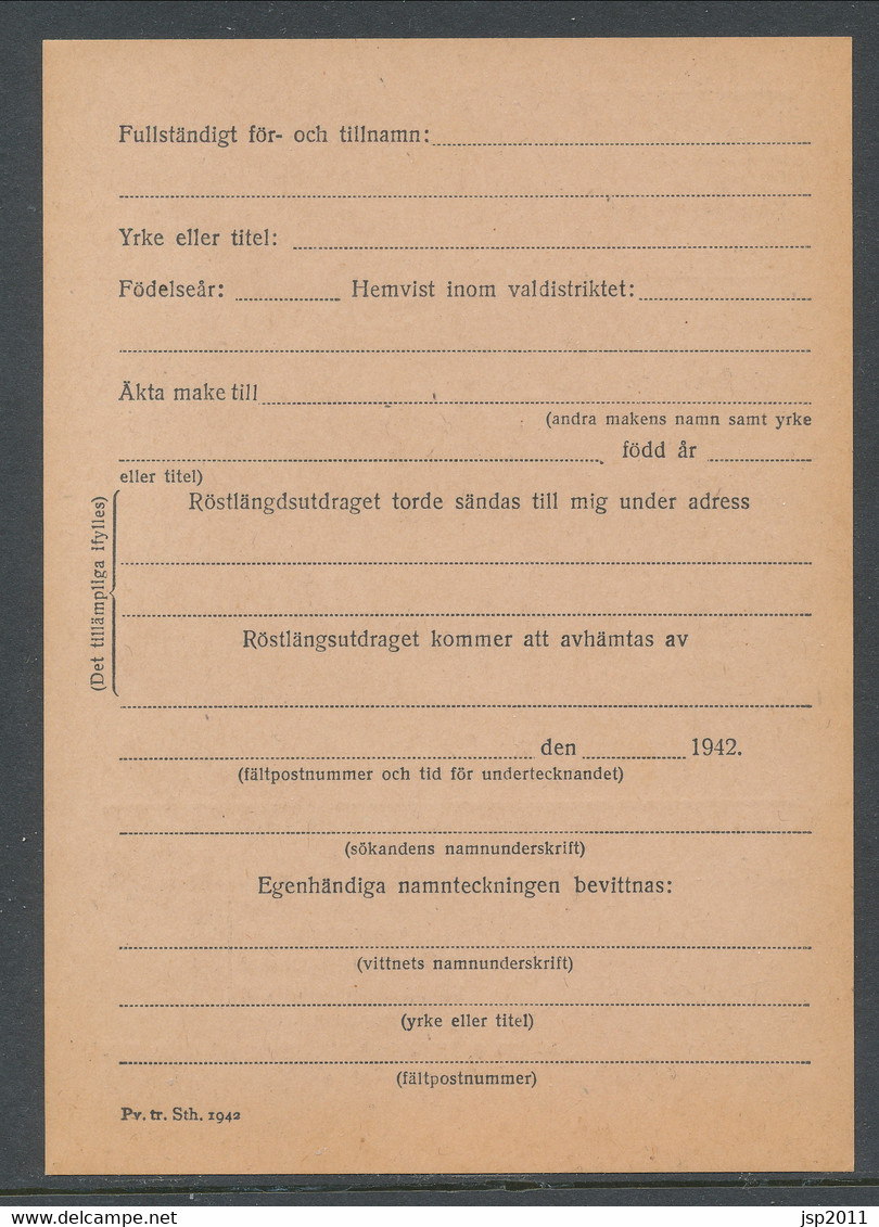 Sweden 1942, Facit # MkB 6B . For Extract Of The Electoral Register. Unused. See Description - Military