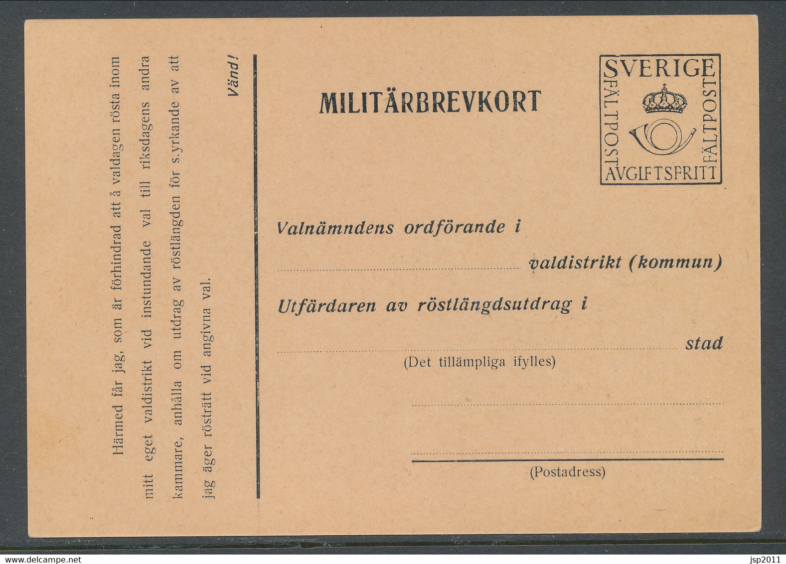 Sweden 1944, Facit # MkB 6C . For Extract Of The Electoral Register. Unused. See Description - Military