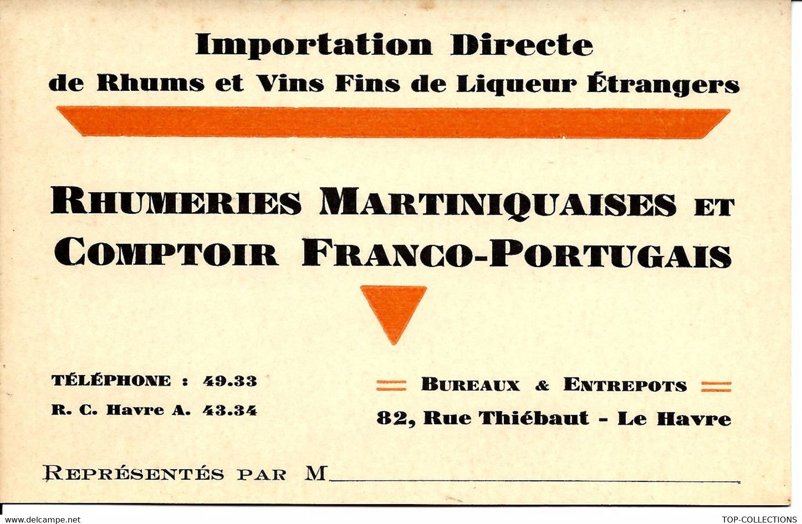 MARTINIQUE RARE ENTETE ALCOOL RHUMERIES MARTINIQUAISES COMPTOIR FRANCO PORTUGAIS LE HAVRE T.B.E. V. SCANS - Cartes De Visite